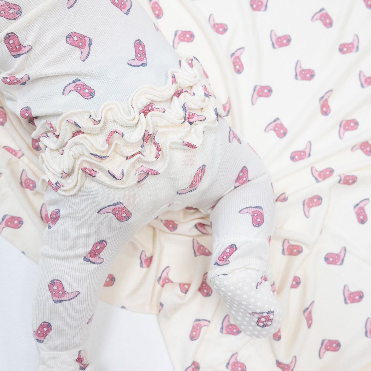 2 Way Zipper Ruffle Back Footie - Petite Cowgirl Boots - HoneyBug 