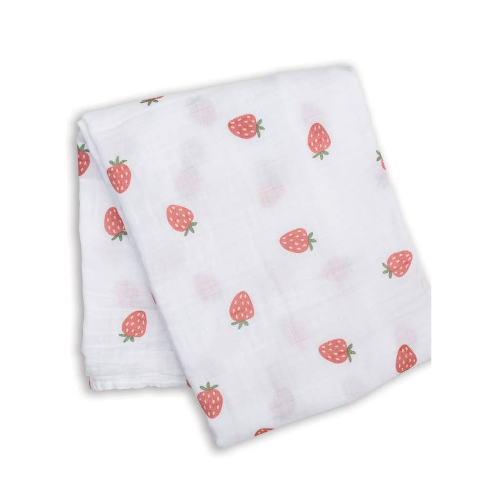 Muslin Cotton Swaddle Blanket - Large - Strawberries - HoneyBug 