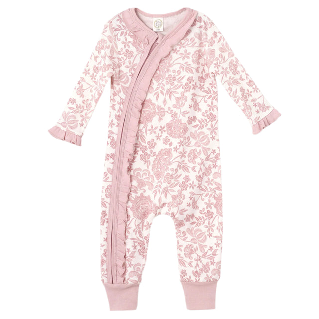 Baby Girl Pink Embroidered Lace Zipper Romper - HoneyBug 