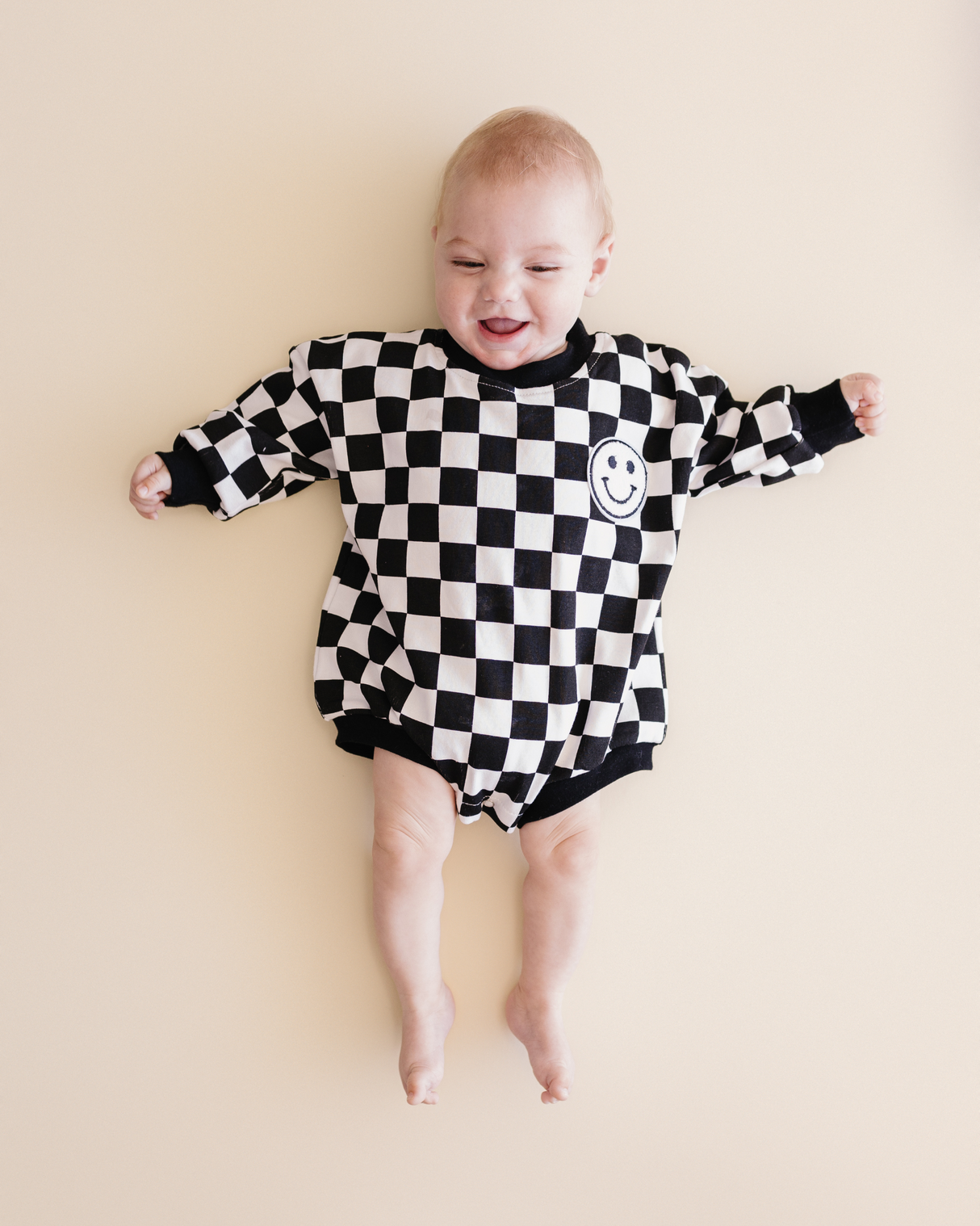 Bubble Romper | Checkered Smiley Black - HoneyBug 