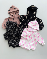 Hooded Bubble Romper | Pink Bolts - HoneyBug 