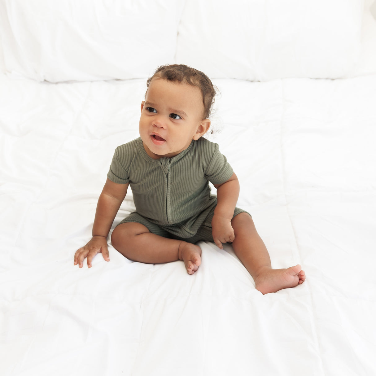 SHORTIE ZIP ROMPER - Moss Ribbed - HoneyBug 