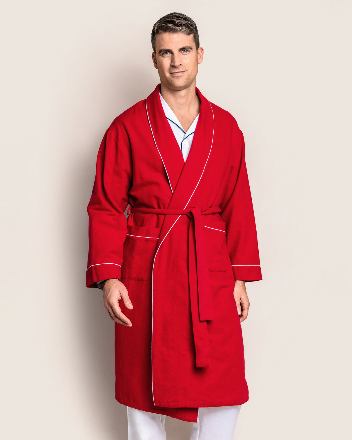 Men's Flannel Robe in Red with White Piping