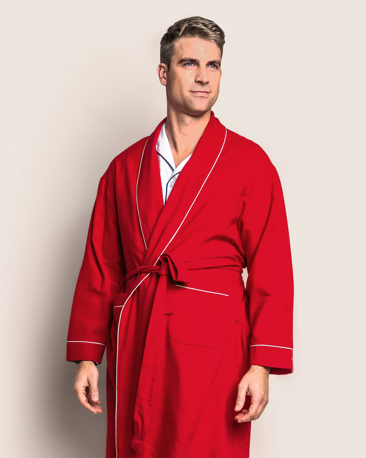 Men's Flannel Robe in Red with White Piping