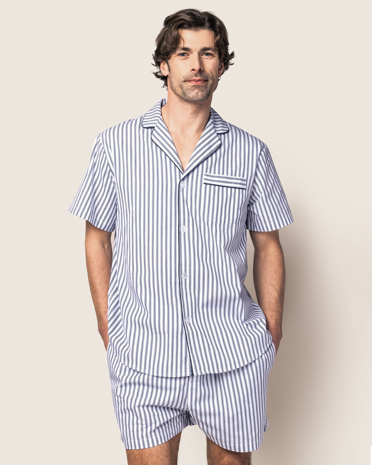 Men's Twill Pajama Short Set in Navy French Ticking