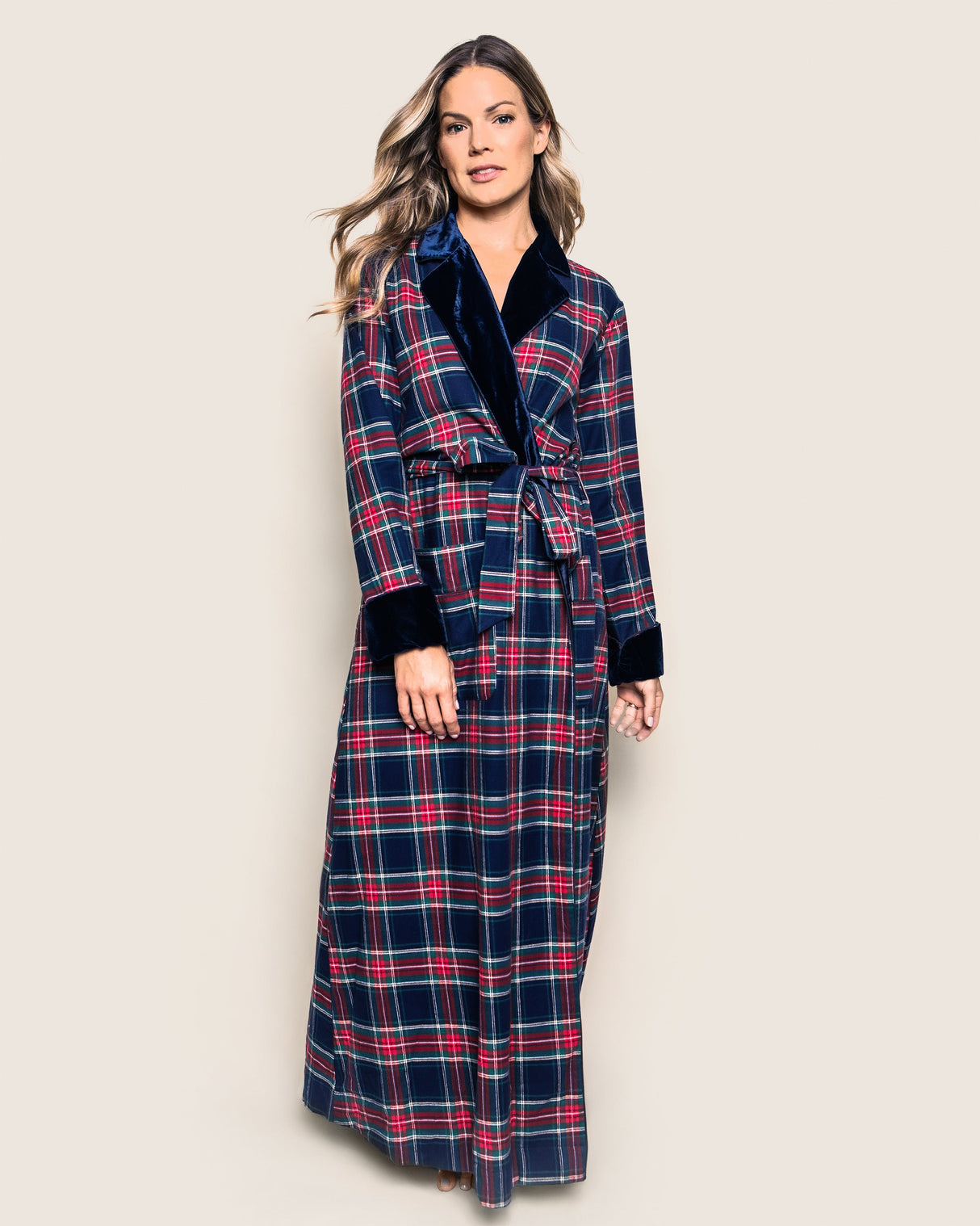 Women's Long Robe with Velvet Trim in Windsor Tartan