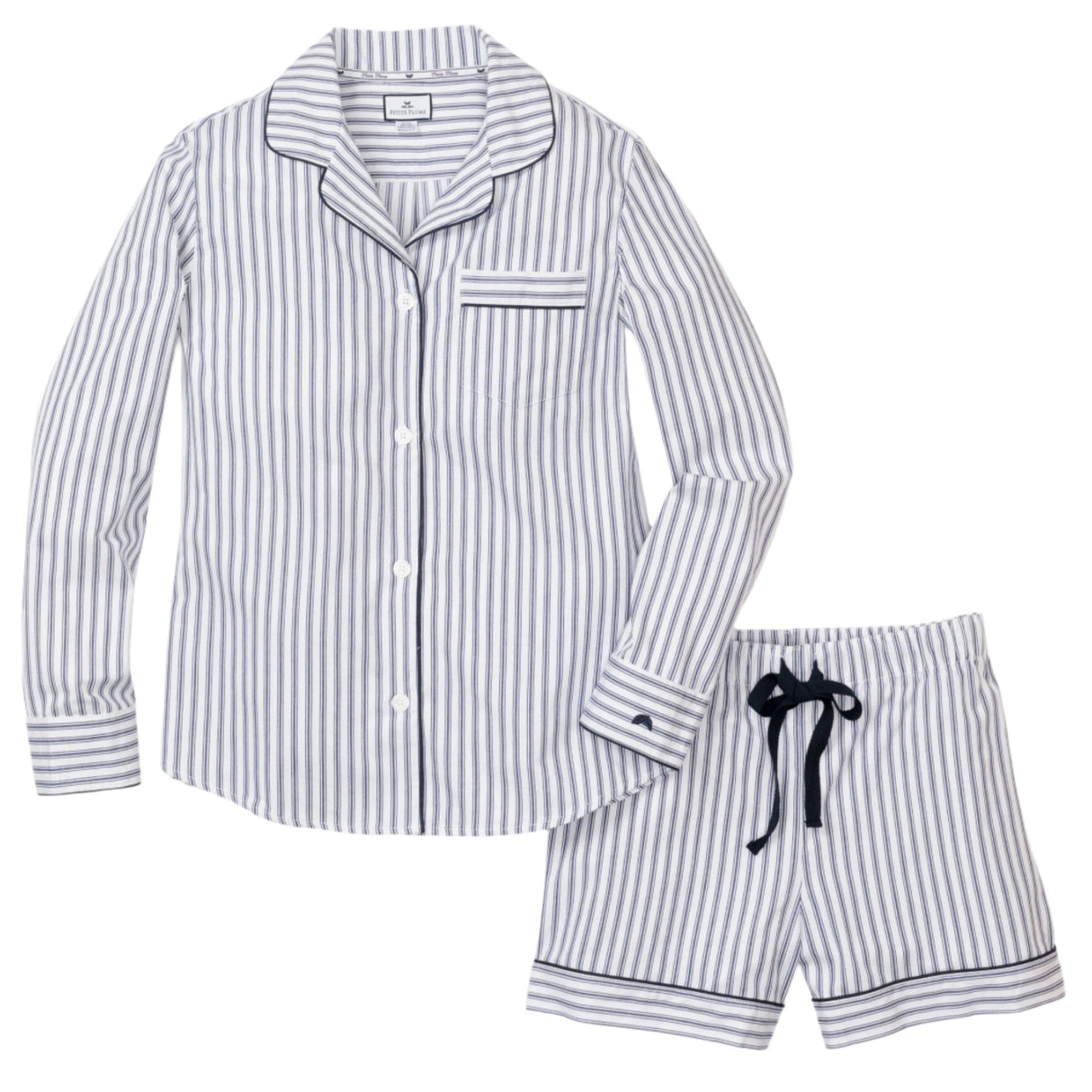 Women's Twill Long Sleeve Short Set in Navy French Ticking