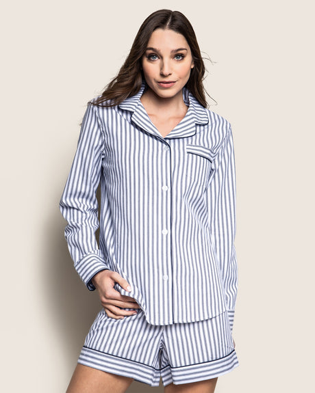 Women's Twill Long Sleeve Short Set in Navy French Ticking