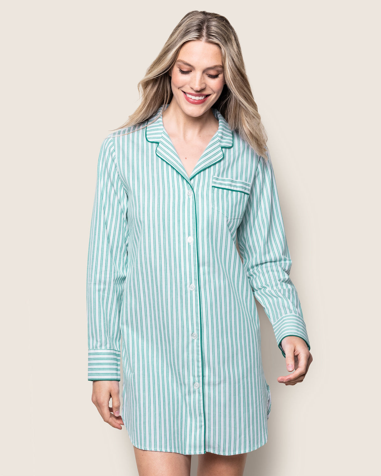 Women's Twill Nightshirt in Emerald Ticking