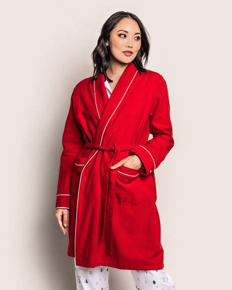 Women's Flannel Robe in Red with White Piping