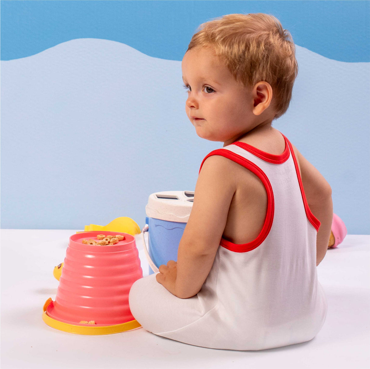 100% Peruvian Pima Cotton White with Engine Red Sleeveles Summer Romper - HoneyBug 