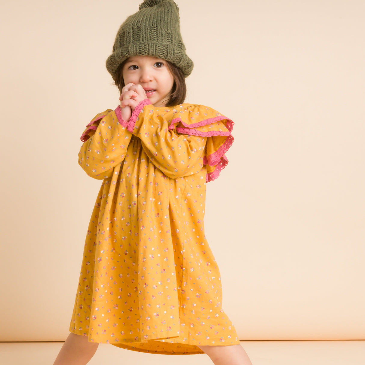 Toddler Flutter Sleeves Dress with Lace Trim | Charlotte Provence Meadow - HoneyBug 