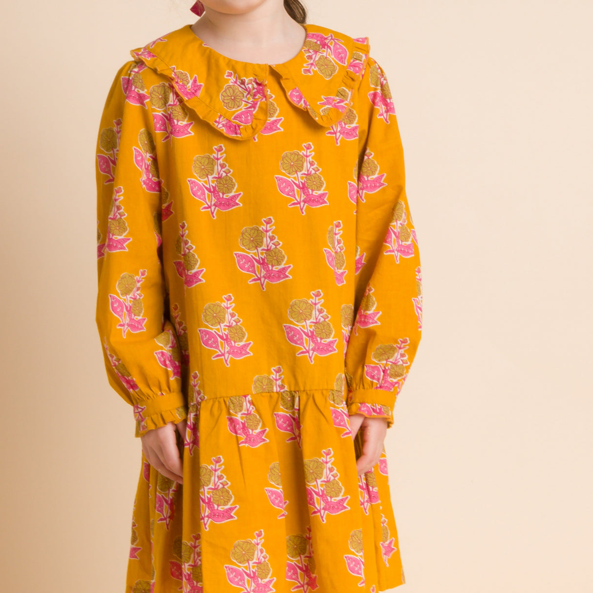 Girls' Wide Collar Long Sleeve Dress with Low Waist | Mustard and Pink - HoneyBug 