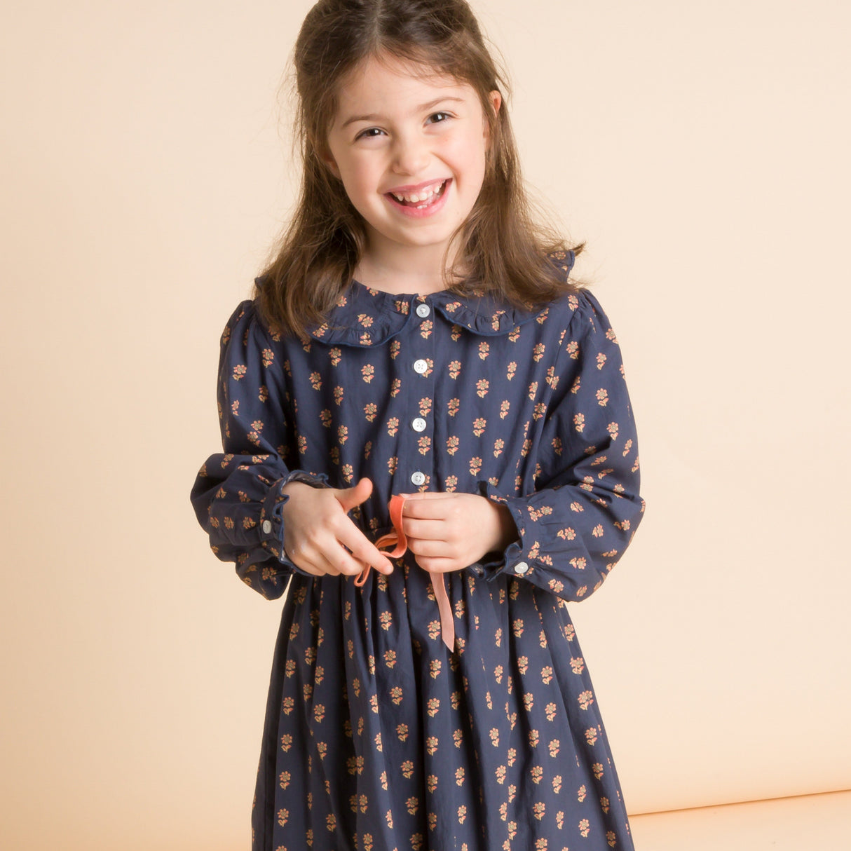 Girls' Long Sleeves Dress with Velvet Tie | Adelaide Orange Floral - HoneyBug 