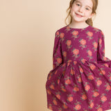 Girls' Long Sleeve Dress with Floral Motif | Purple & Red - HoneyBug 