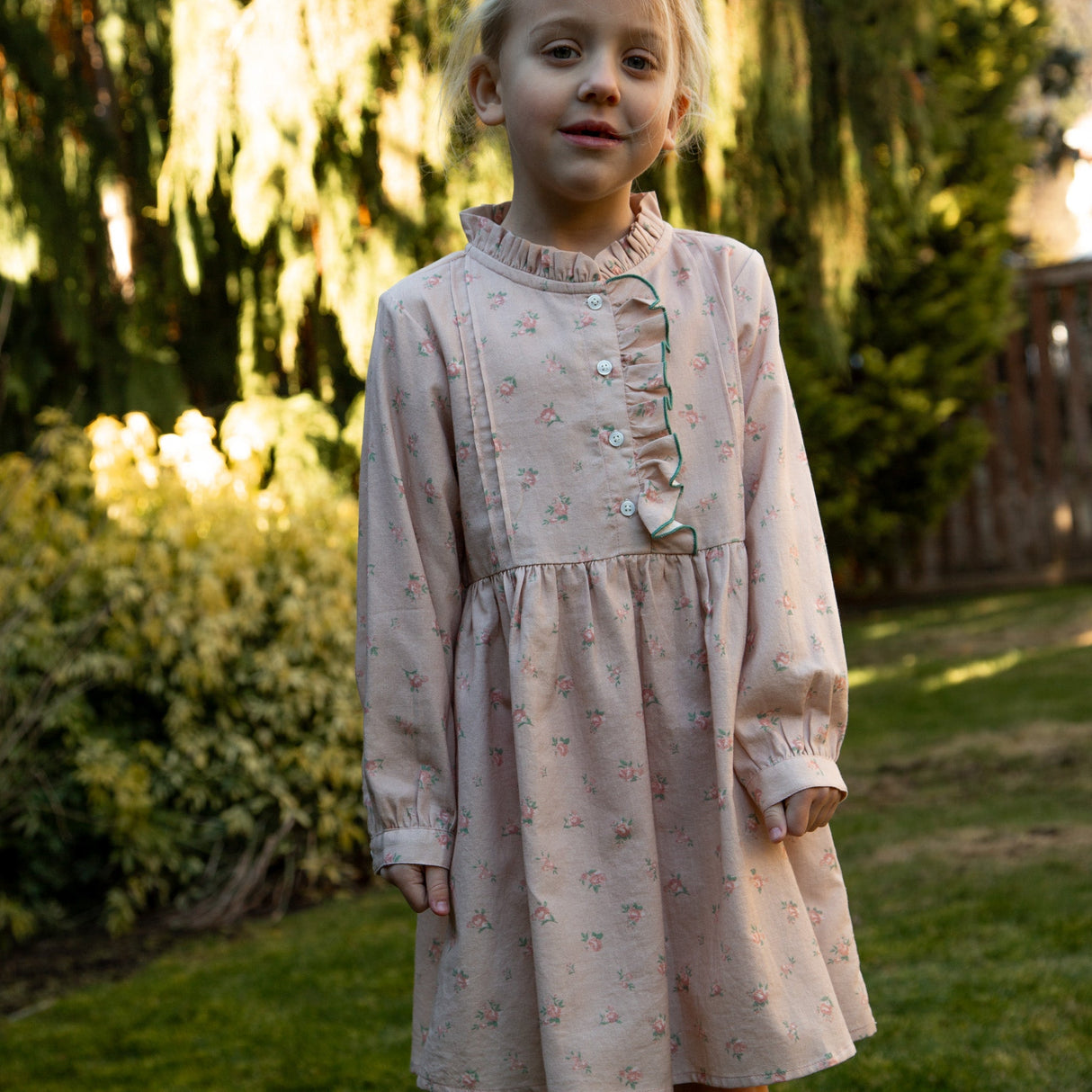 Girls Long Sleeves Dress with Front Ruffle | Vintage Pink Rose - HoneyBug 