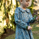 Girls Adelaide Velvet Tie Dress | Blue and Mustard Wildflowers - HoneyBug 