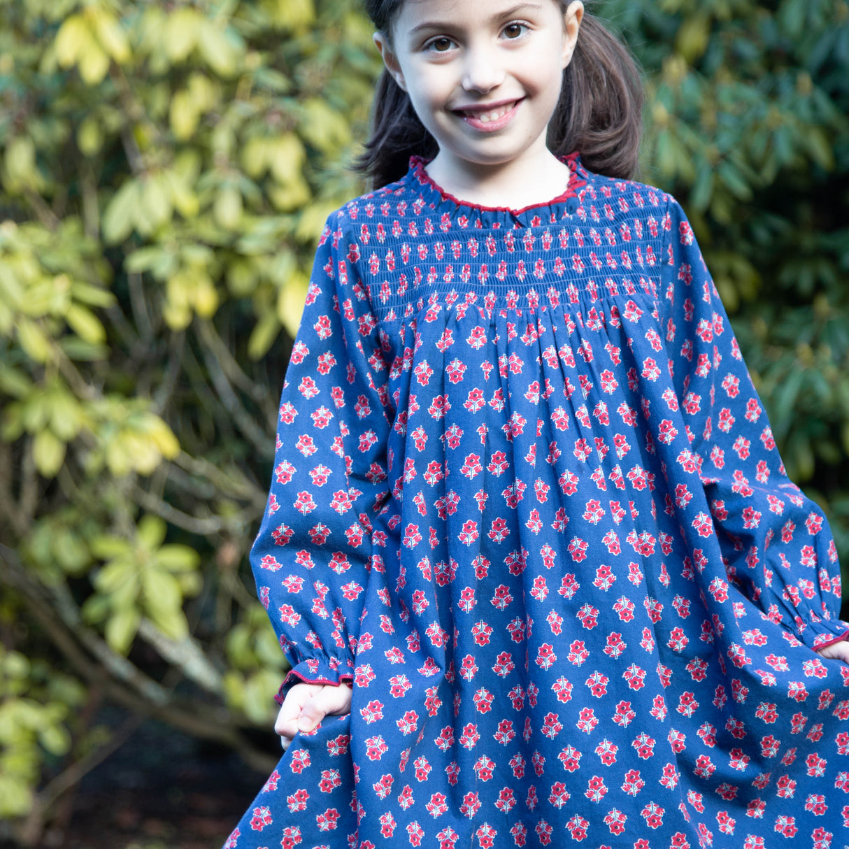 Girls' Smocked Long Sleeves Dress | Red and Navy - HoneyBug 