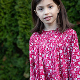 Girls' Smocked Long Sleeves Dress | Red and White Floral - HoneyBug 