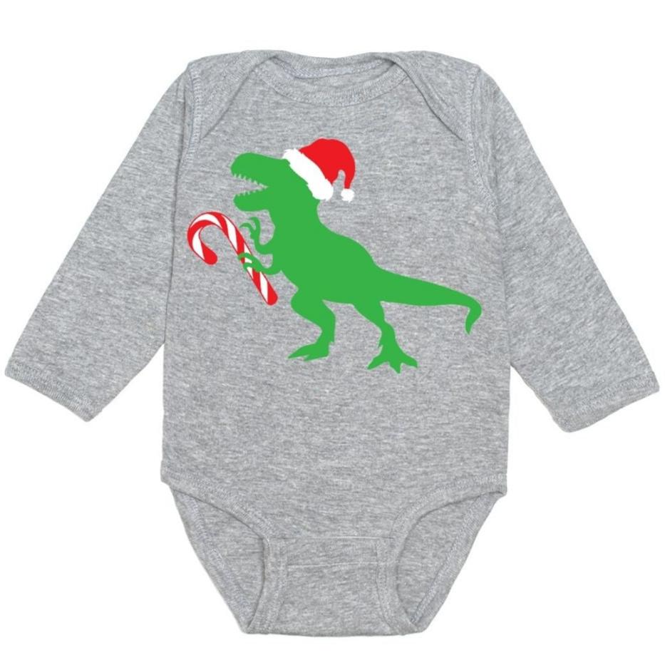 Santa Dino Christmas Long Sleeve Bodysuit - Gray