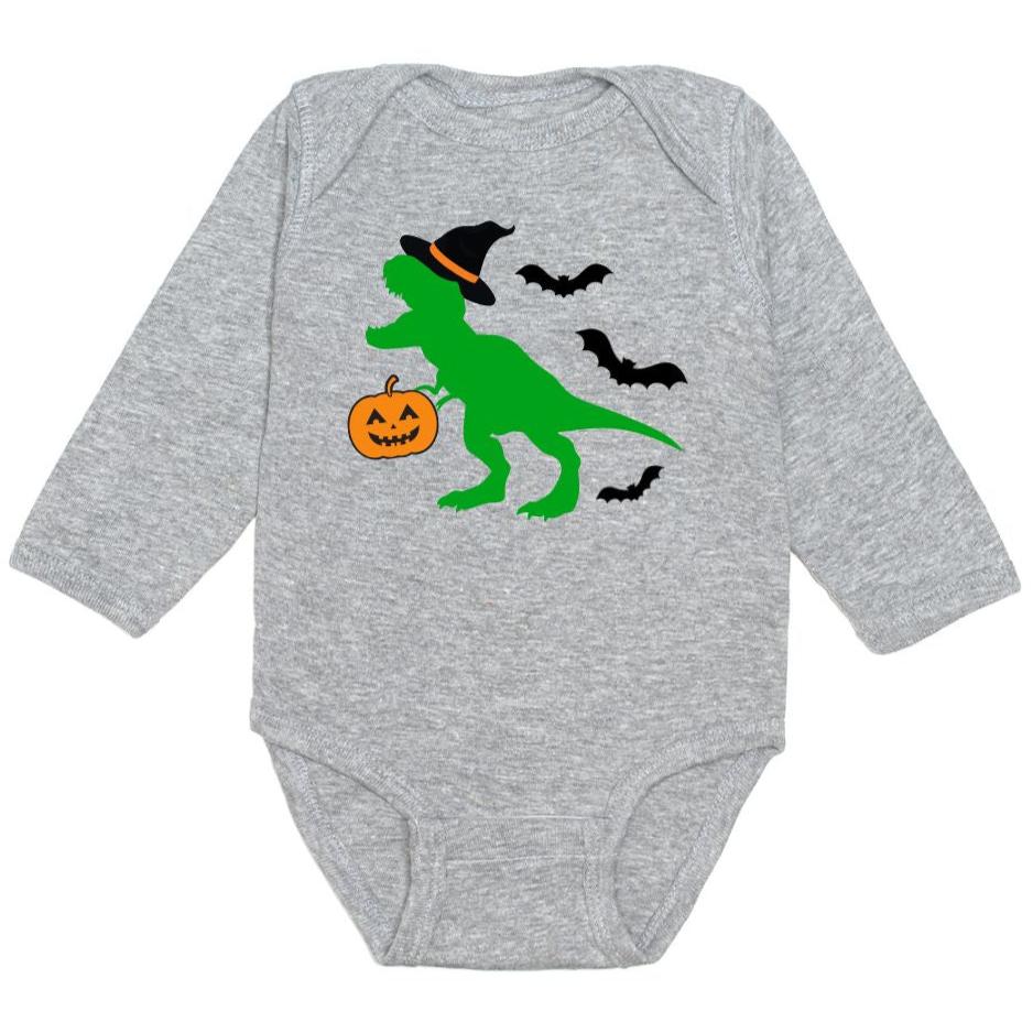 Trick Rawr Treat Halloween Long Sleeve Bodysuit - Gray