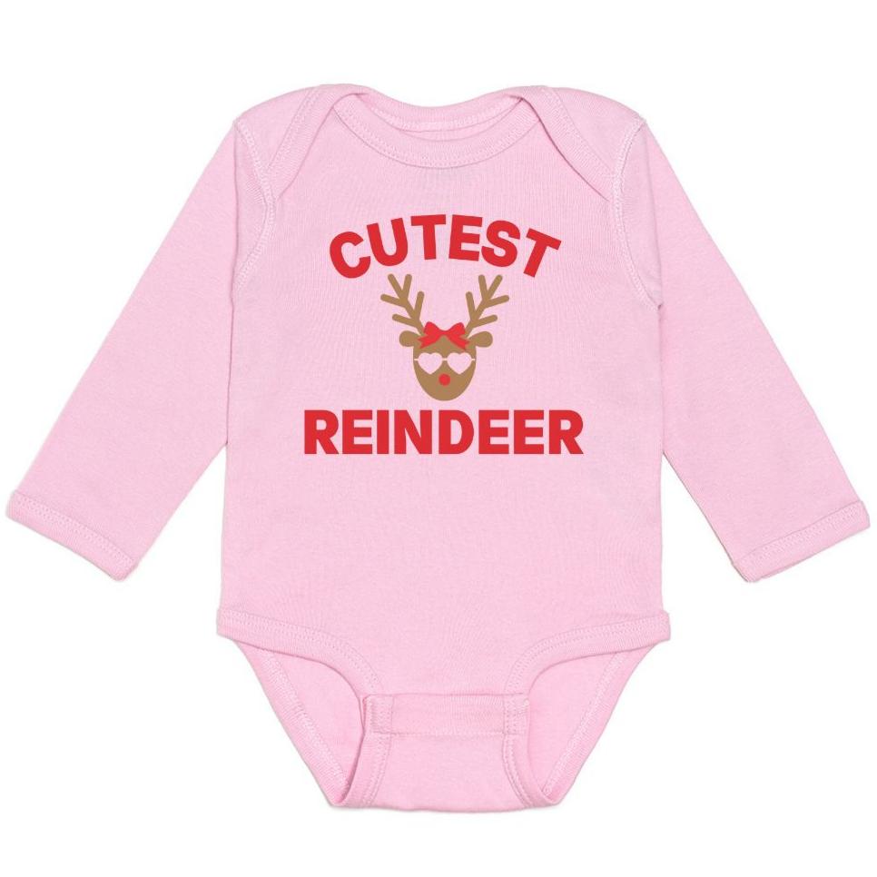 Cutest Reindeer Christmas Long Sleeve Bodysuit - Pink