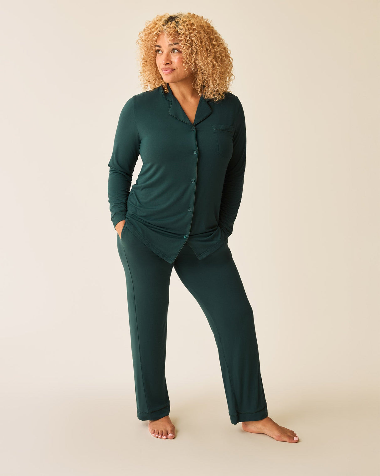 Clea Bamboo Classic Long Sleeve Pajama Set | Evergreen - HoneyBug 