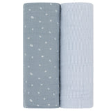 2 Pack Cotton Muslin Swaddle Blanket - Blue Leaf & Stripes - HoneyBug 