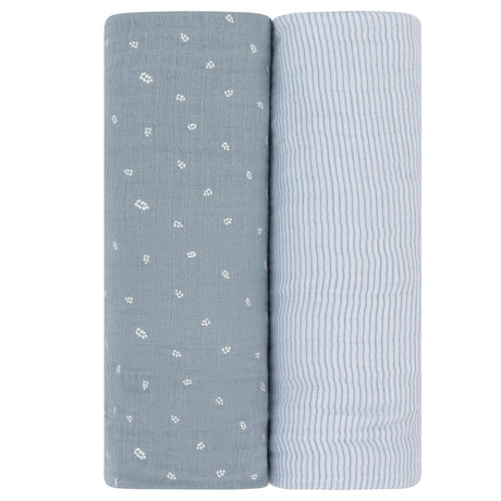 2 Pack Cotton Muslin Swaddle Blanket - Blue Leaf & Stripes - HoneyBug 