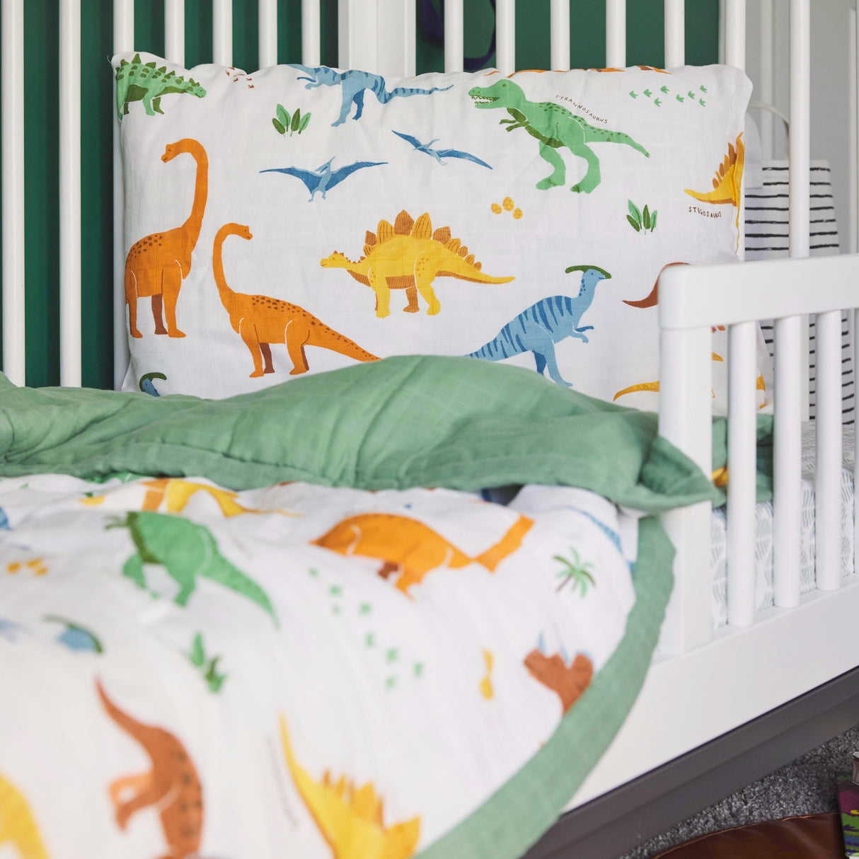 Cotton Muslin Toddler Bedding 3 Piece Set - Dino Names - HoneyBug 