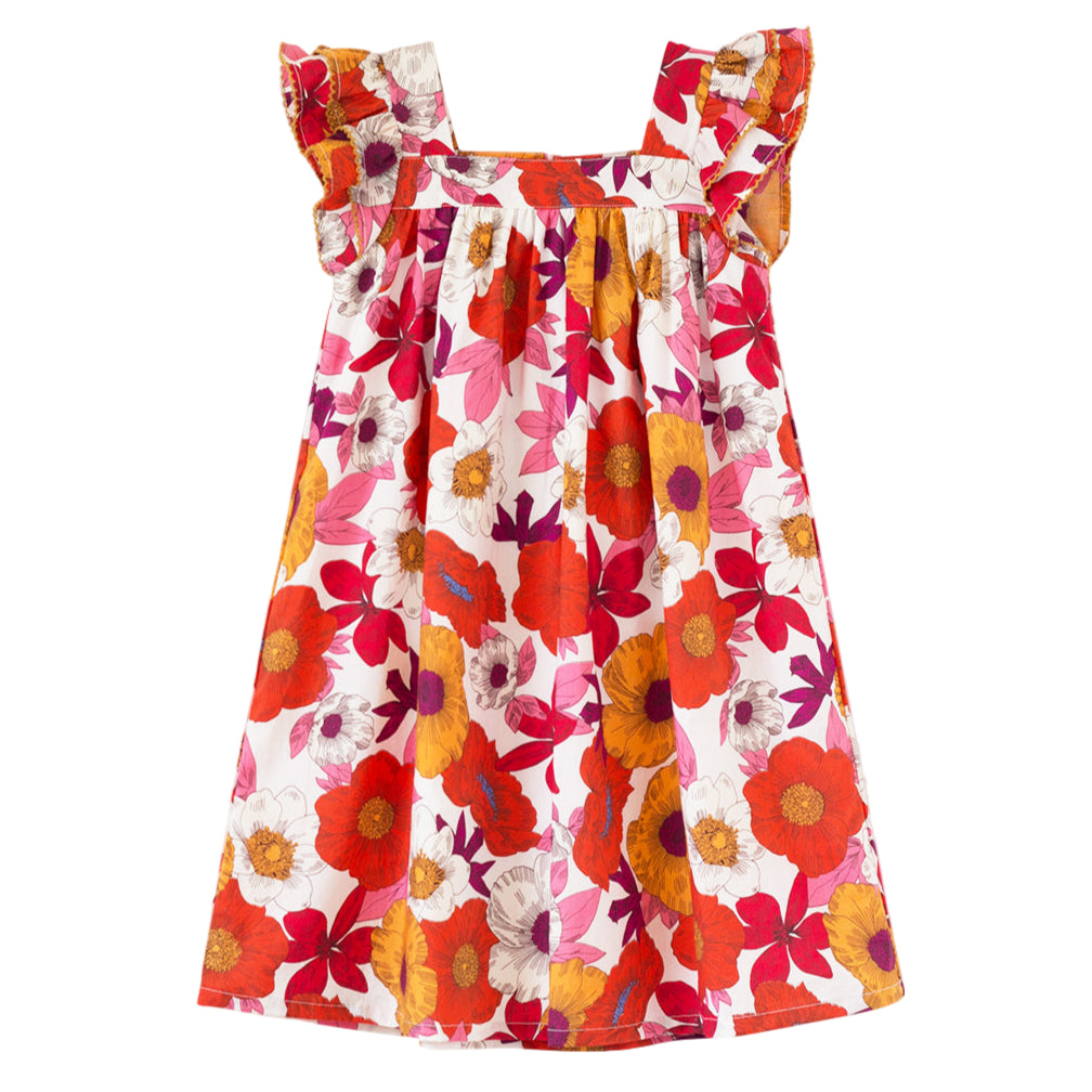 Girls Everly Square Neck Dress | Red and Orange Floral Medley - HoneyBug 