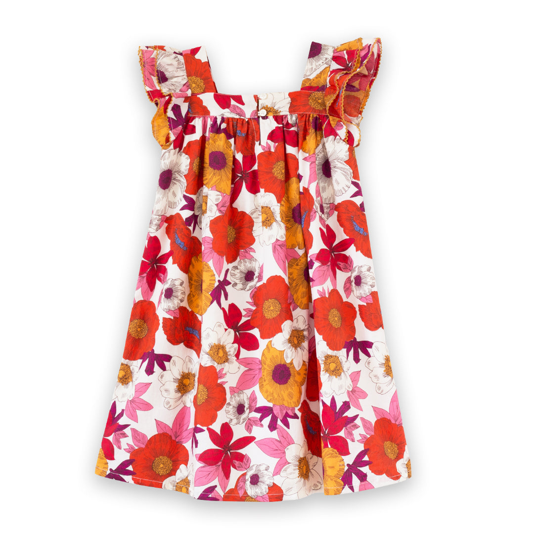 Girls Everly Square Neck Dress | Red and Orange Floral Medley - HoneyBug 