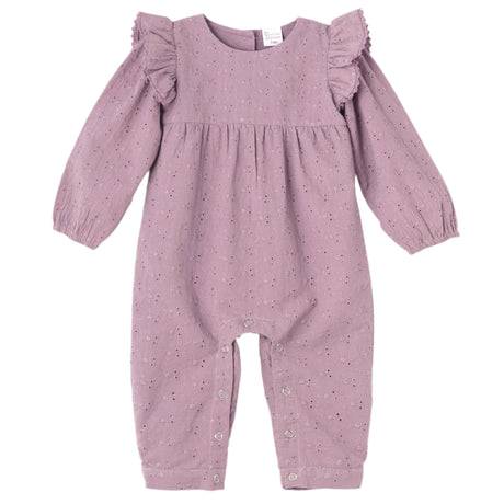 Mauve Eyelet Girls Romper – Embroidered Cotton Ruffle Sleeve - HoneyBug 