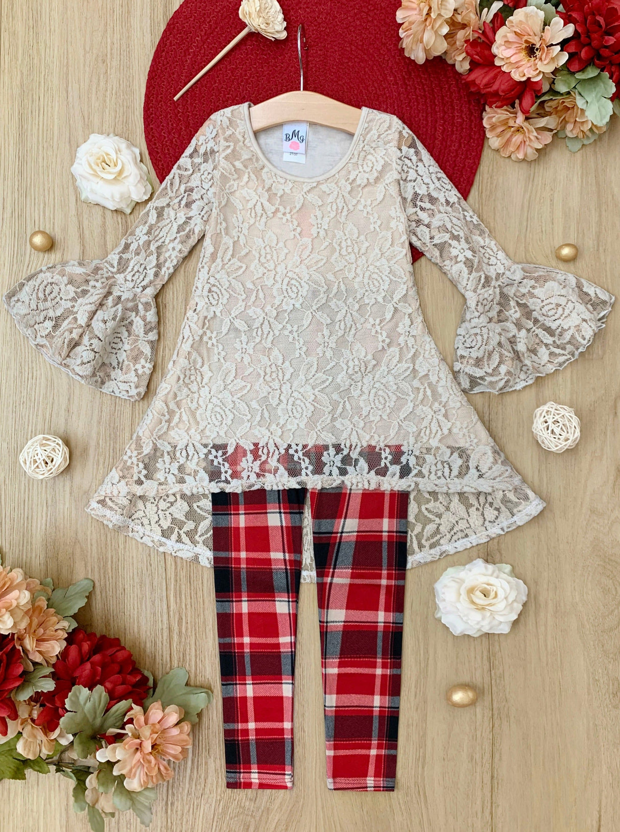 Autumn Glow Lace Tunic Top and Checkered Legging Set