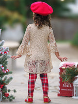 Autumn Glow Lace Tunic Top and Checkered Legging Set