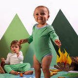100% Peruvian Pima Cotton Grass Green with Blue Long Sleeve Snap Bodysuit - HoneyBug 