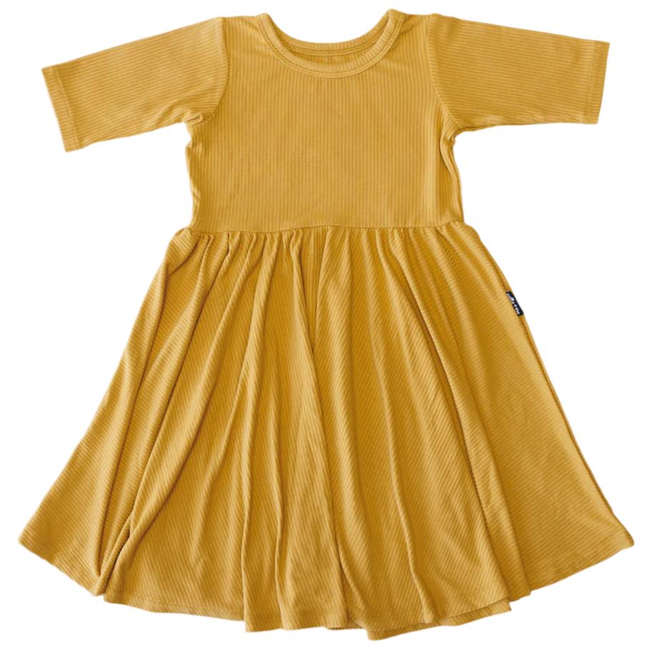 MID SLEEVE TWIRL DRESS- Honey Mustard Ribbed