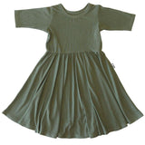 MID SLEEVE TWIRL DRESS- Moss Ribbed