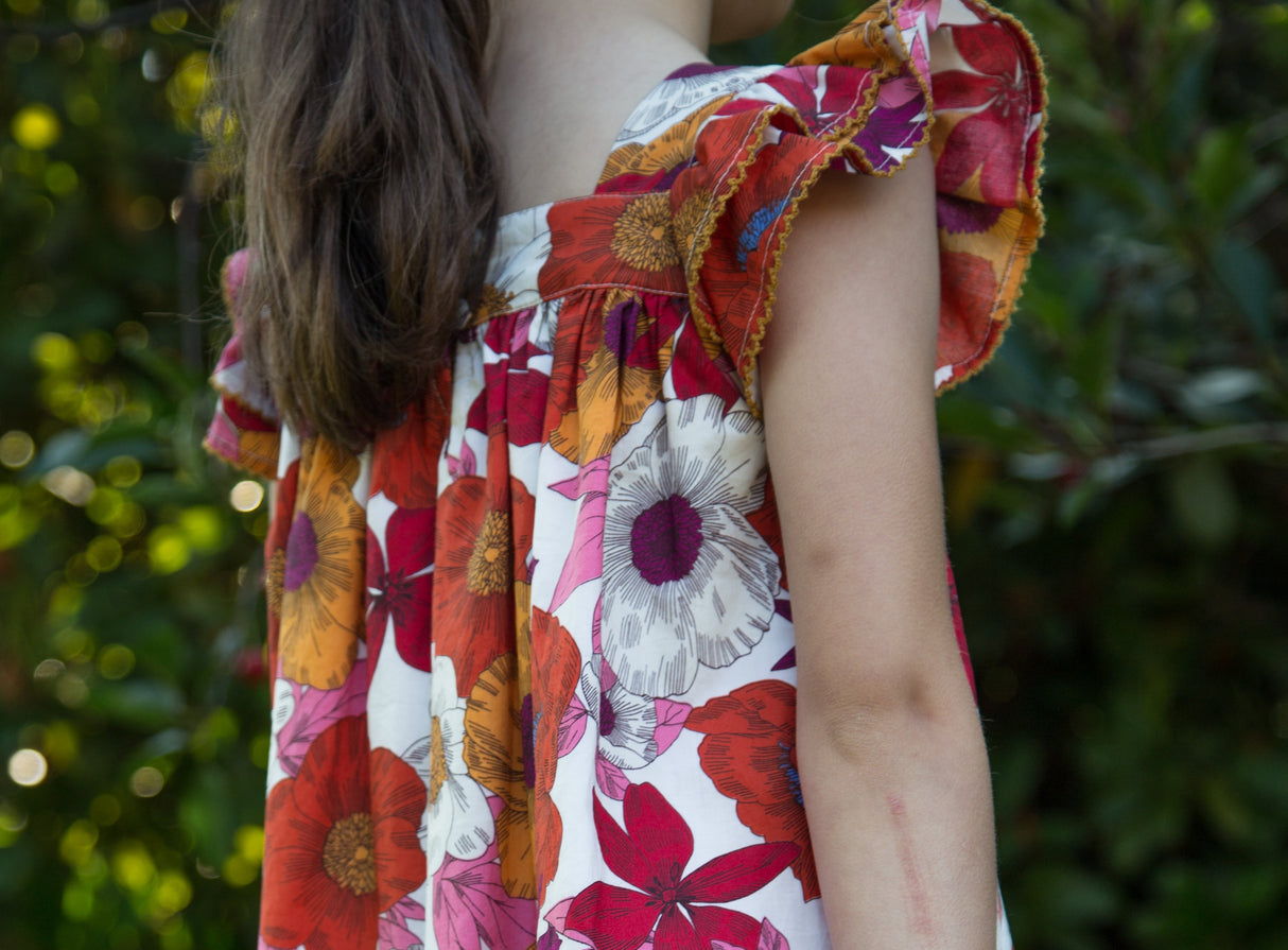 Girls Everly Square Neck Dress | Red and Orange Floral Medley - HoneyBug 