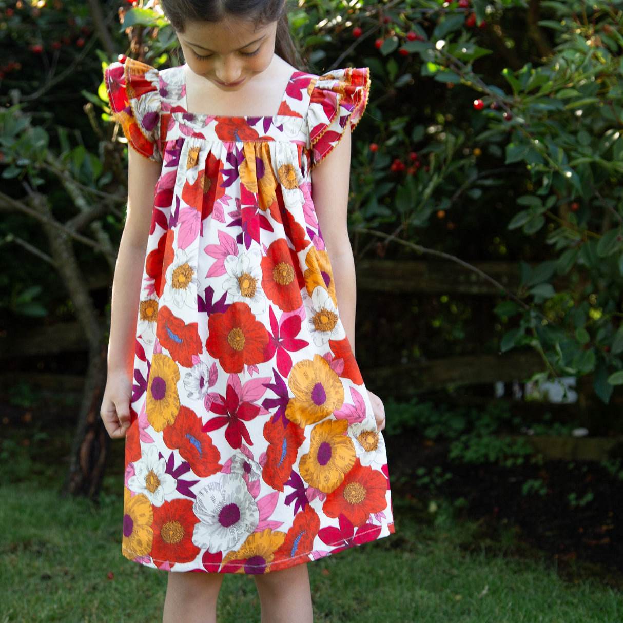 Girls Everly Square Neck Dress | Red and Orange Floral Medley - HoneyBug 