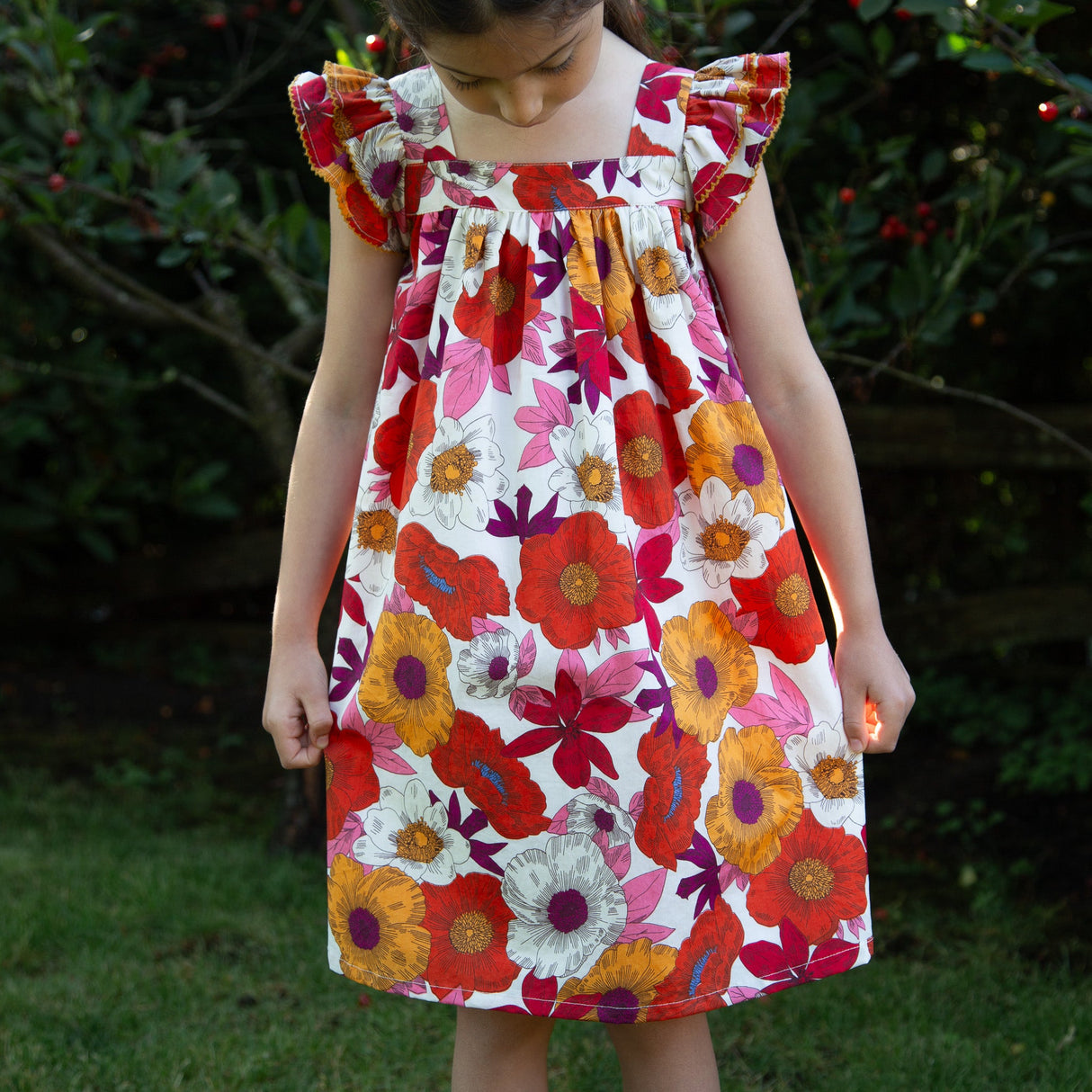Girls Everly Square Neck Dress | Red and Orange Floral Medley - HoneyBug 