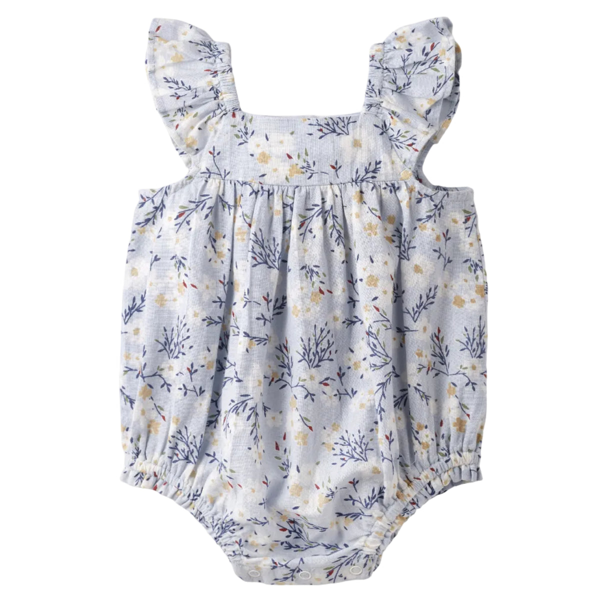 Baby Girl Blue Floral Bubble Romper – Cotton Linen Sunsuit