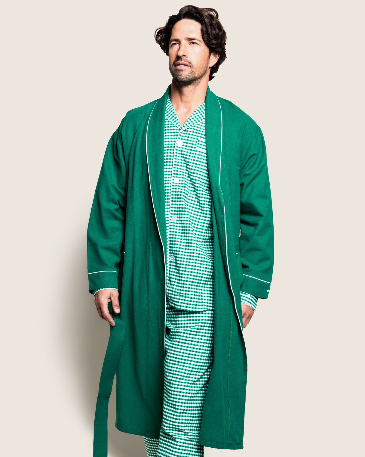 Men's Flannel Robe in Forest Green with White Piping