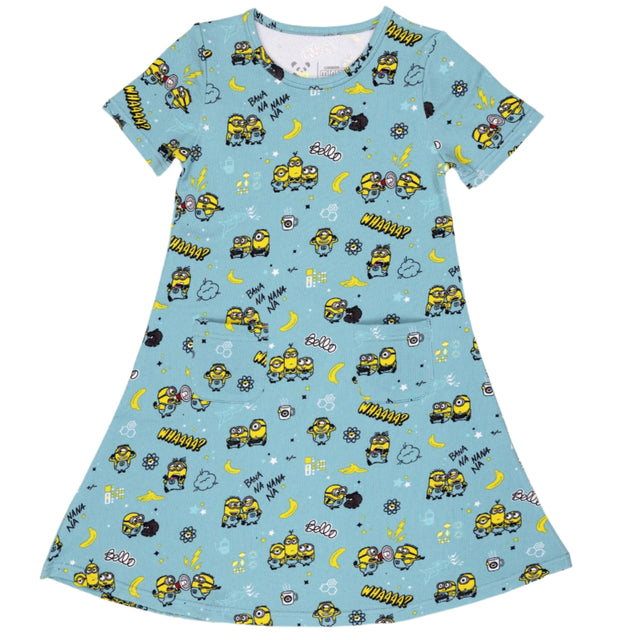 Minions Bello Banana Terry Daywear Girls' Short Sleeve Dress - HoneyBug 