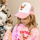 Girly Reindeer Christmas Trucker Hat - Pink/White