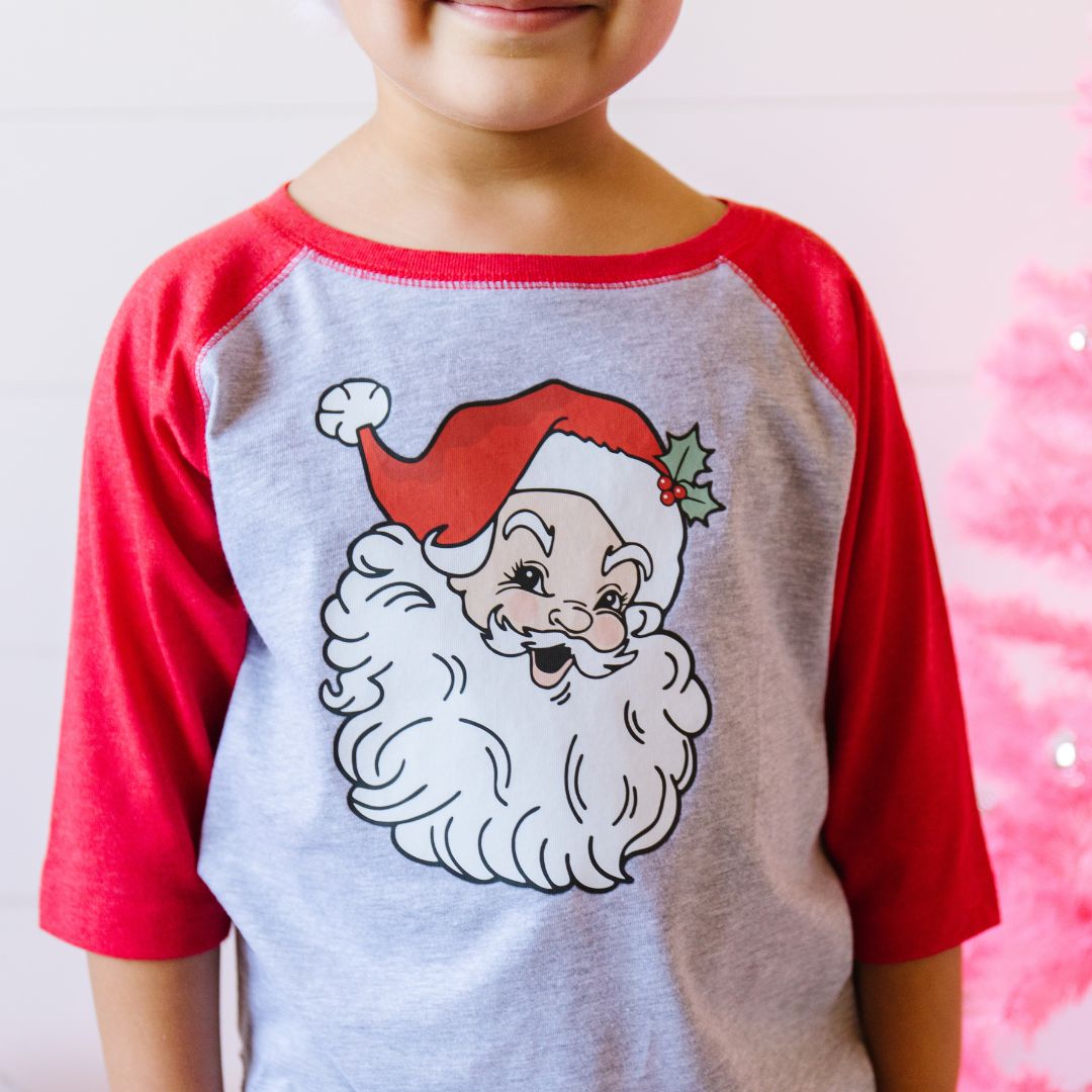 Retro Santa Christmas 3/4 Shirt - Heather/Red