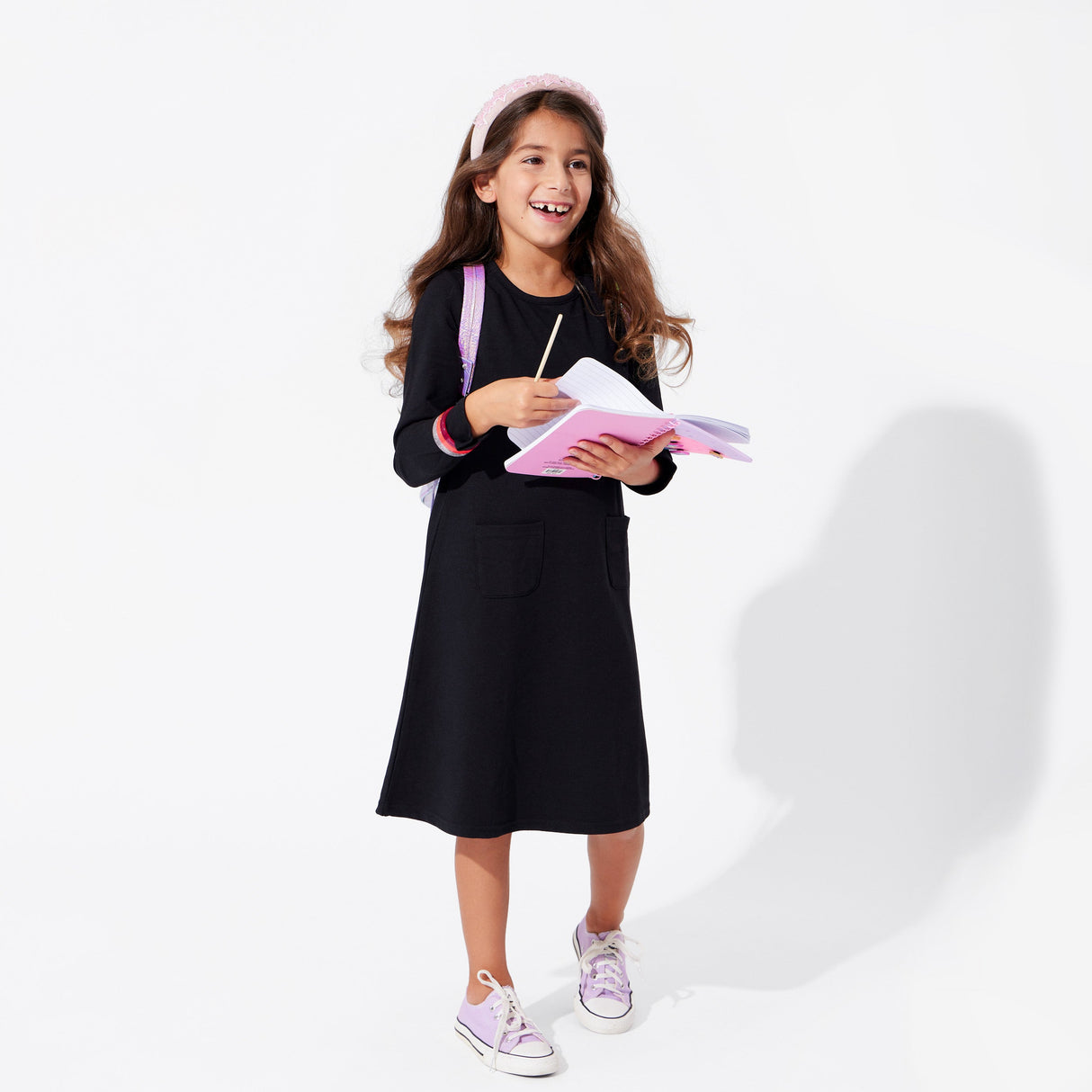 Obsidian Black Bamboo Terry Daywear Girls' Long Sleeve Dress - HoneyBug 