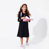 Obsidian Black Bamboo Terry Daywear Girls' Long Sleeve Dress - HoneyBug 