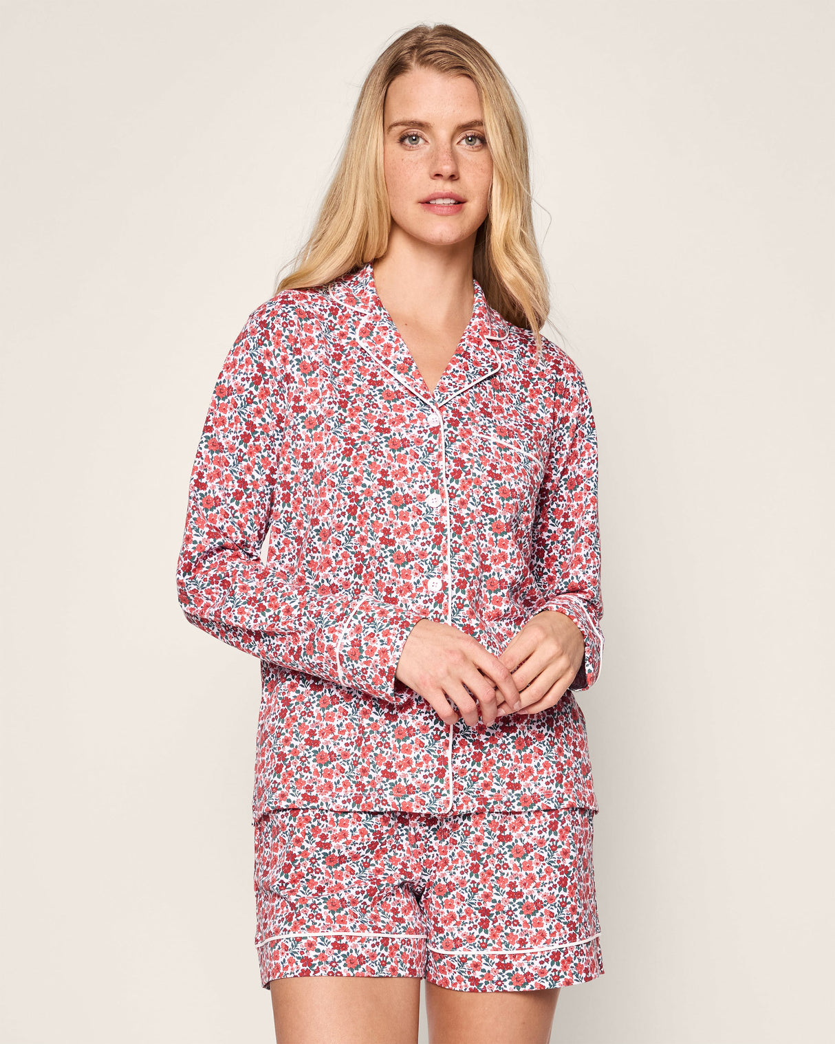 Women's Pima Long Sleeve Short Set in Fleurs des Bois