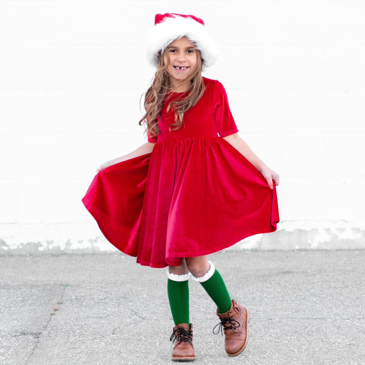 VELVET MID SLEEVE TWIRL- Ruby Red Stretch Velvet Twirl Dress - HoneyBug 